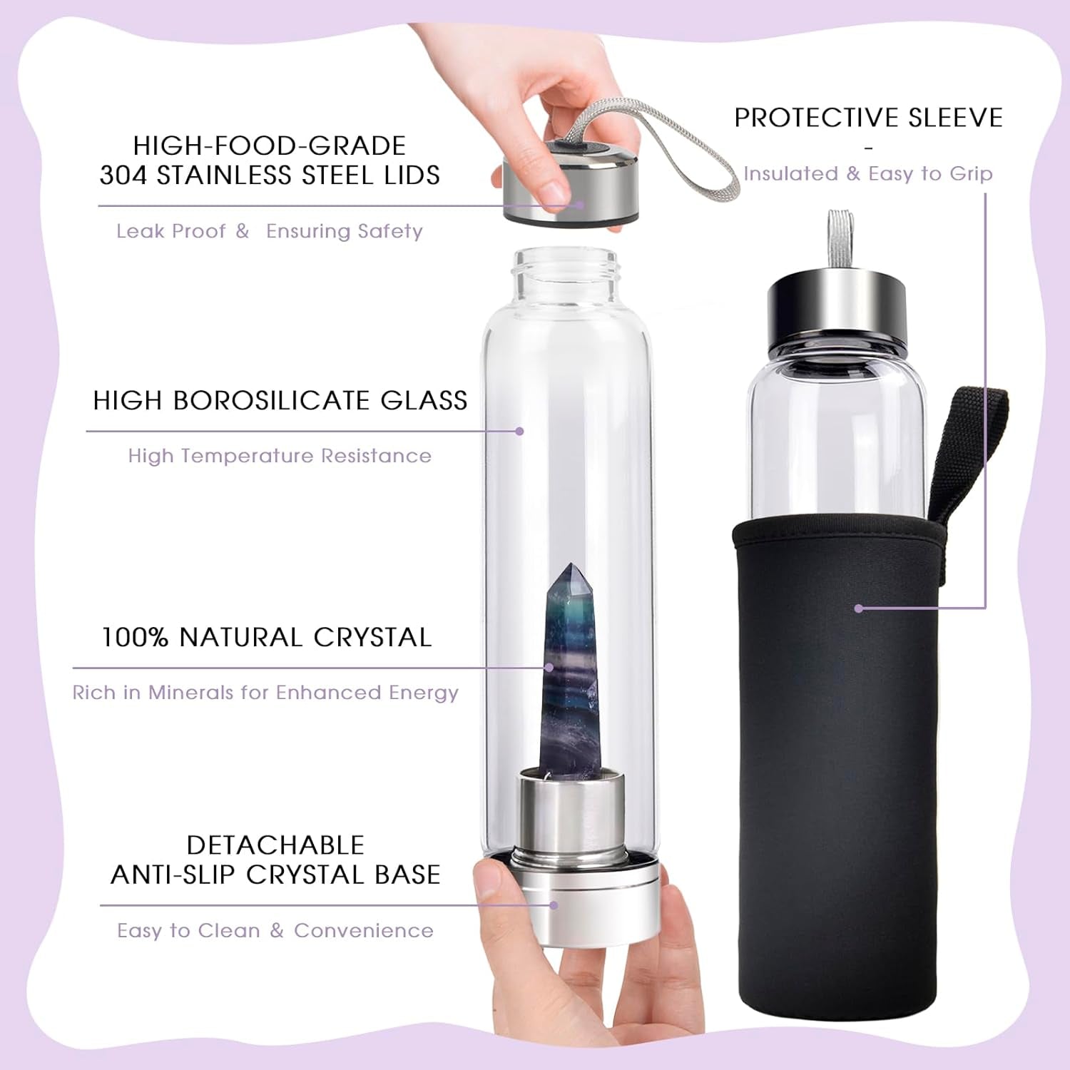 Crystal Glass Water Bottle, Glass Water Bottle with Changeable Natural Crystal Center, Quartz Gemstone Water Bottle for Natural