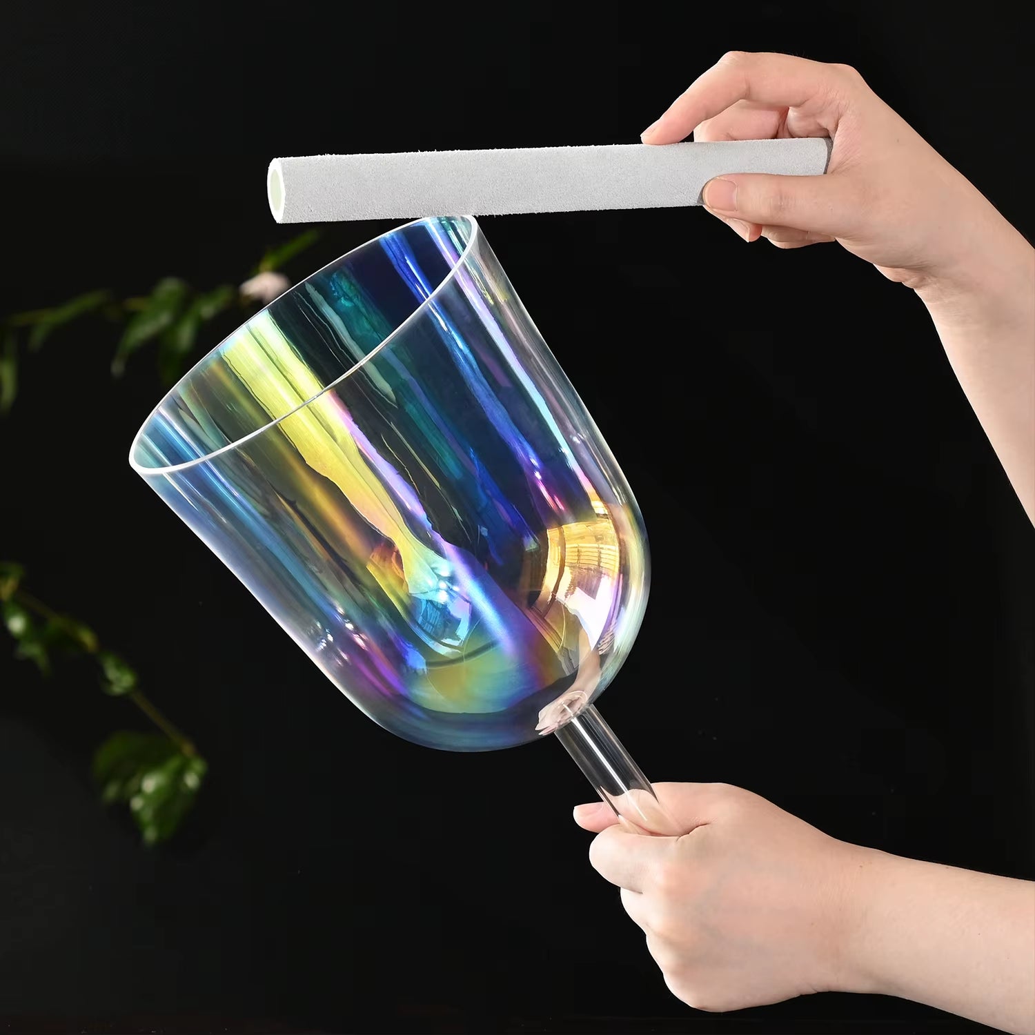 6 Inch 432HZ Clear Cosmic Light Hollow Handle Crystal Singing Bowl for Sound Healing and Meditation Stress Relief with Bag