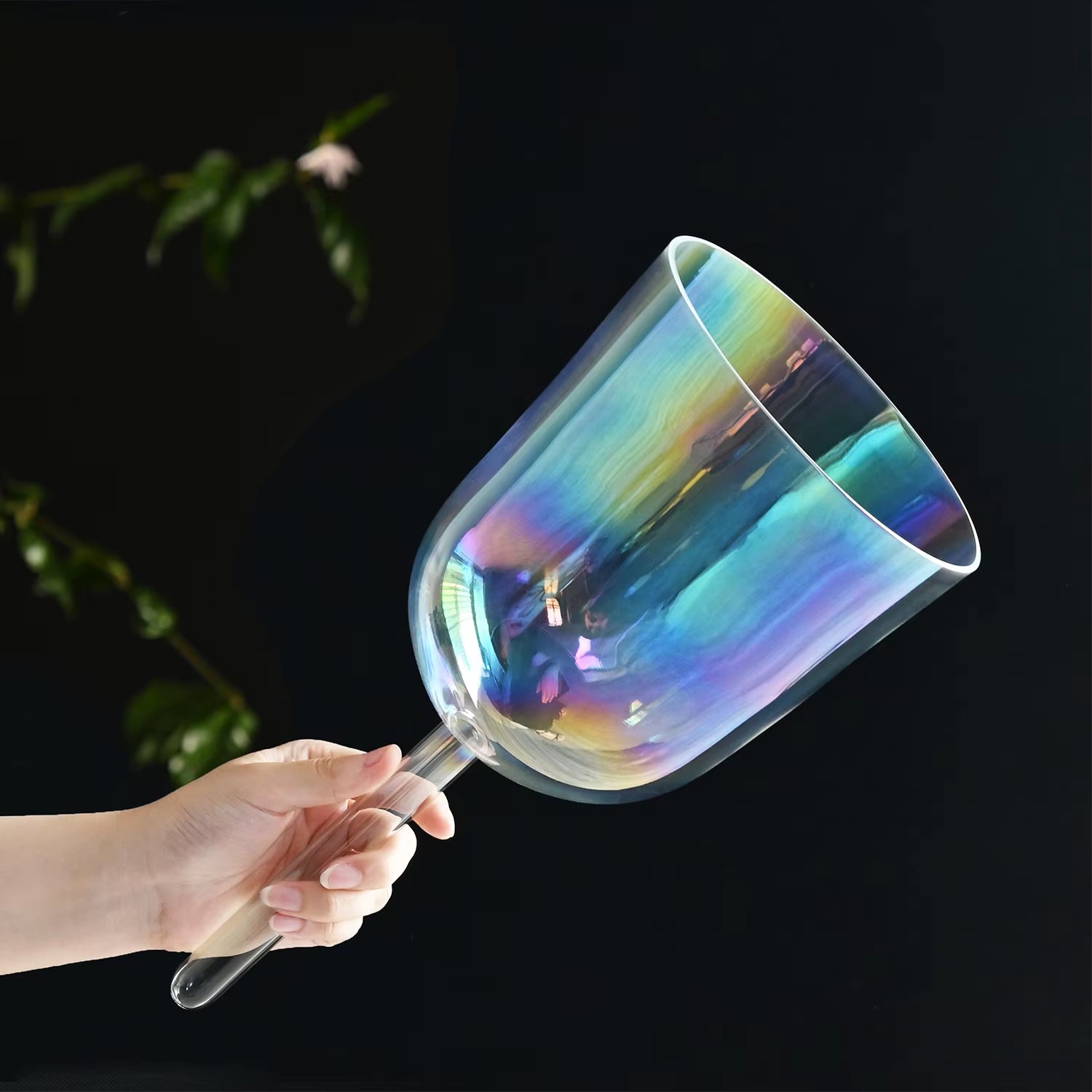 6 Inch 432HZ Clear Cosmic Light Hollow Handle Crystal Singing Bowl for Sound Healing and Meditation Stress Relief with Bag