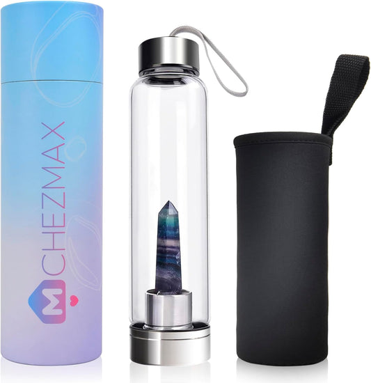 Crystal Glass Water Bottle, Glass Water Bottle with Changeable Natural Crystal Center, Quartz Gemstone Water Bottle for Natural