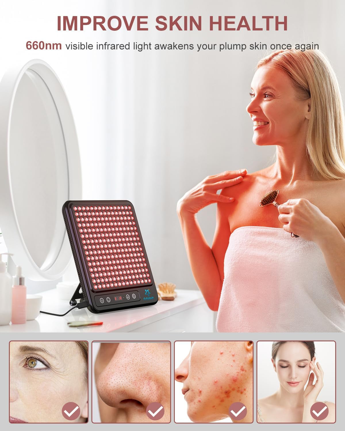 Red Light Therapy Panel, 225 Dual-Chip Leds with 660Nm Red & 850Nm near Infrared Light for Face, Skin, Sleep, Body Relaxation, Portable Therapy Panel with Stand & Timer