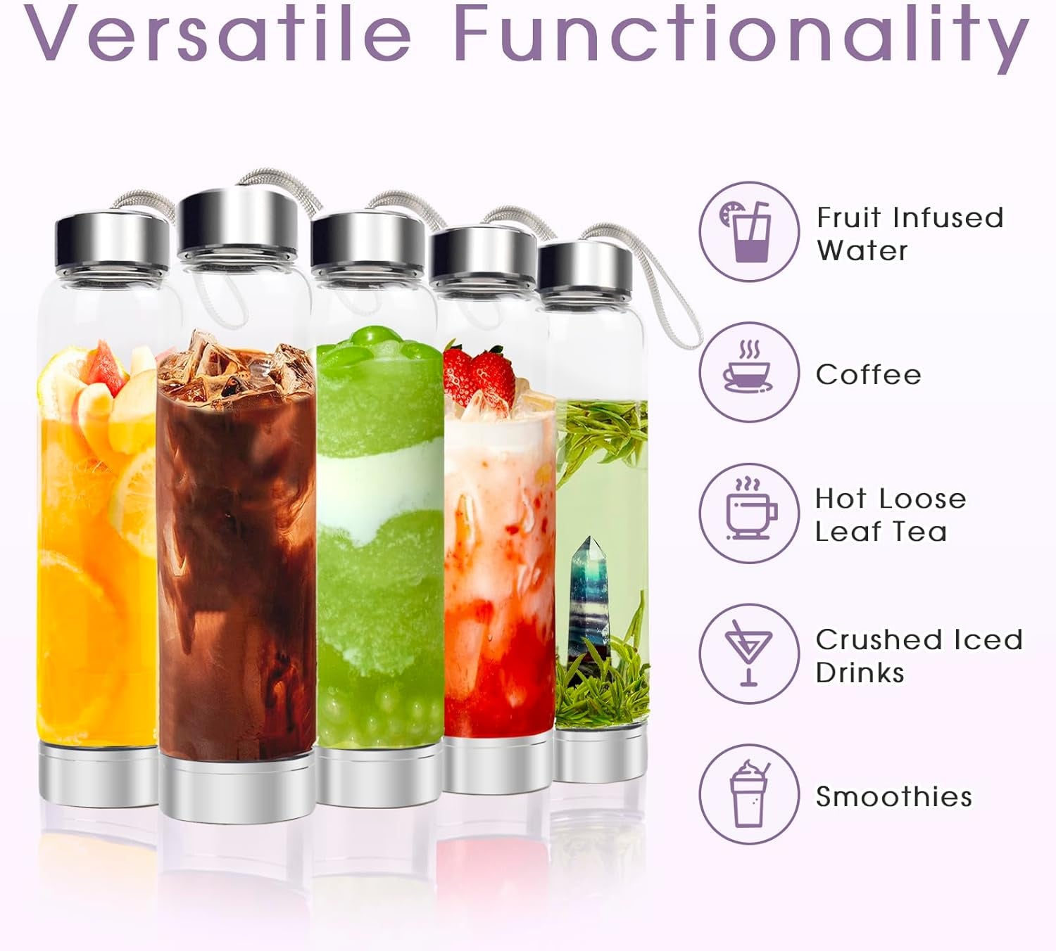 Crystal Glass Water Bottle, Glass Water Bottle with Changeable Natural Crystal Center, Quartz Gemstone Water Bottle for Natural