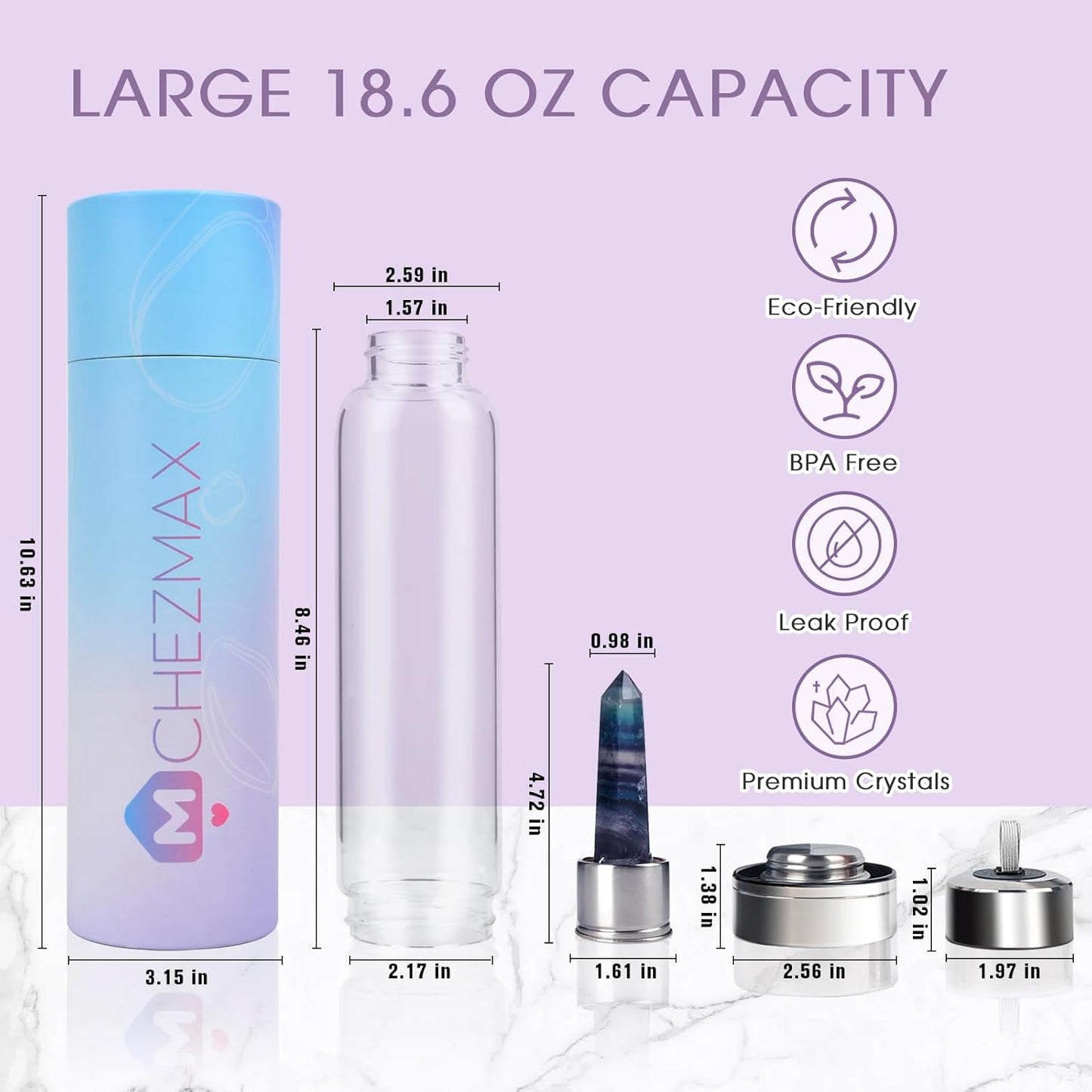 Crystal Glass Water Bottle, Glass Water Bottle with Changeable Natural Crystal Center, Quartz Gemstone Water Bottle for Natural