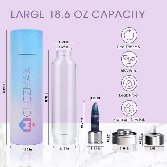 Crystal Glass Water Bottle, Glass Water Bottle with Changeable Natural Crystal Center, Quartz Gemstone Water Bottle for Natural