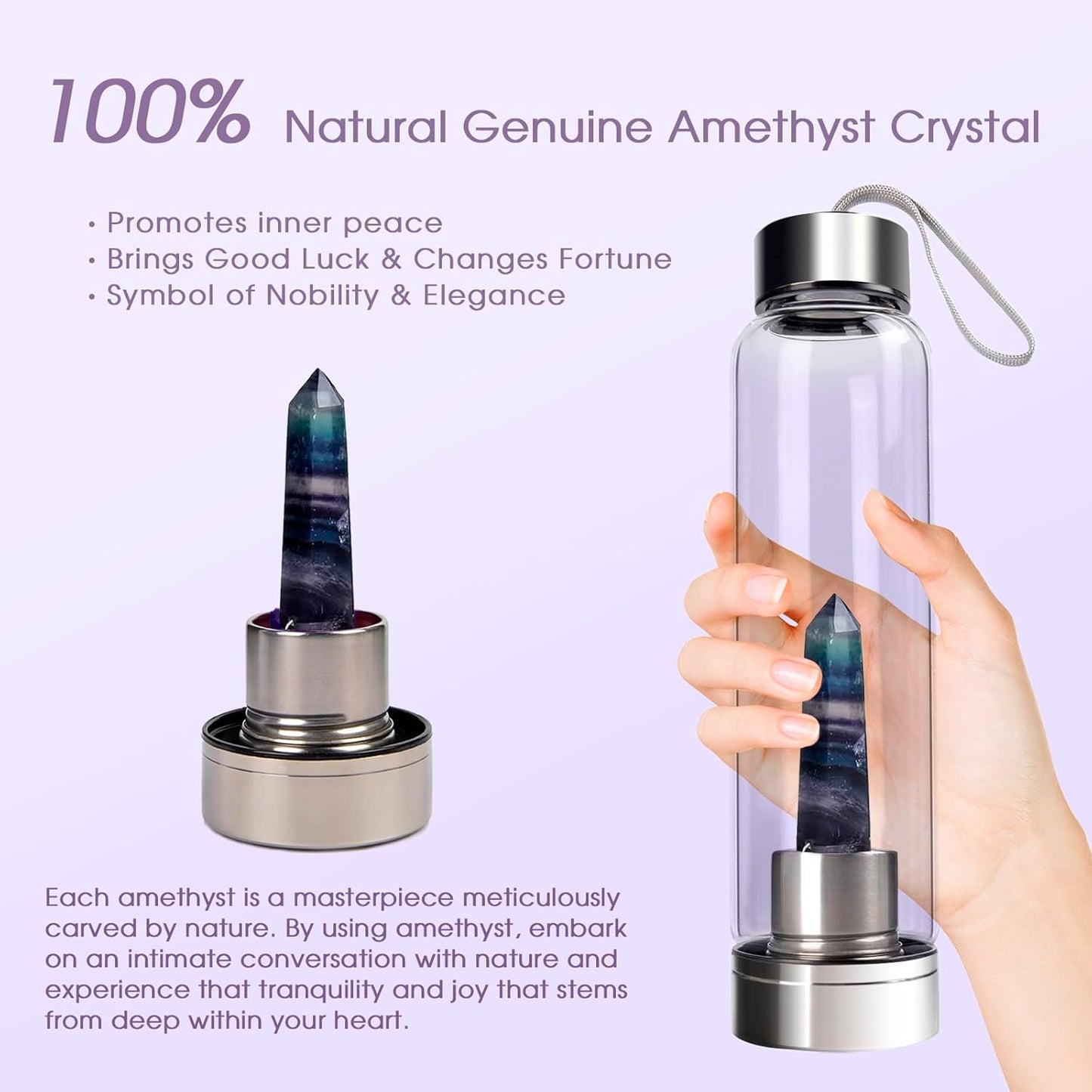 Crystal Glass Water Bottle, Glass Water Bottle with Changeable Natural Crystal Center, Quartz Gemstone Water Bottle for Natural